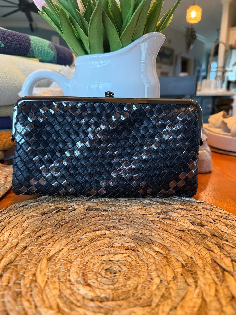 HOBO Woven Leather Clutch Wallet in Black